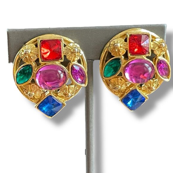 Vintage 1980s Gripoix Earrings Gold Jewel Tone Runway Mogul Cabochon Clip On - Picture 2 of 10